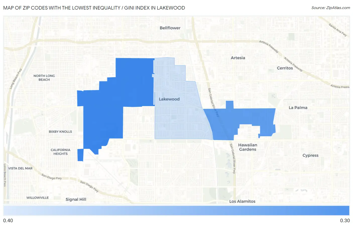 Zip Codes with the Lowest Inequality / Gini Index in Lakewood Map