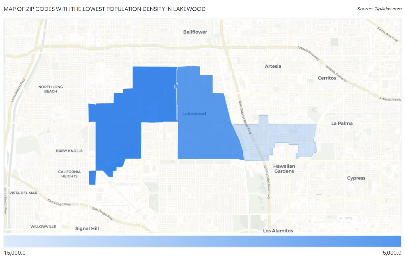 Zip Codes with the Lowest Population Density in Lakewood Map