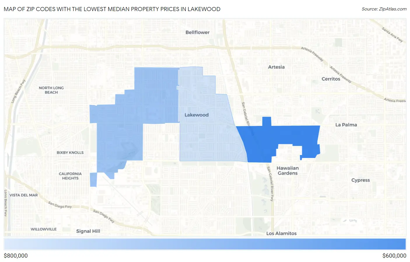 Zip Codes with the Lowest Median Property Prices in Lakewood Map
