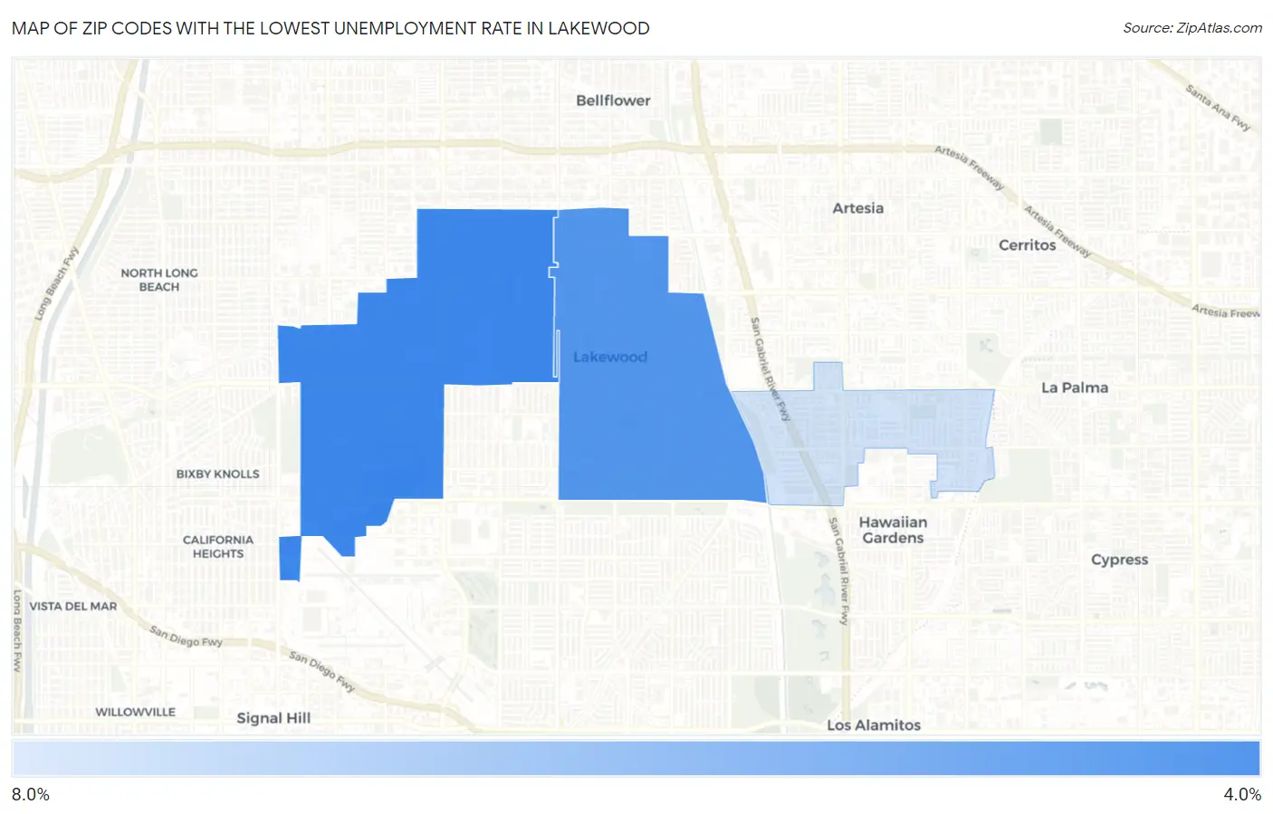 Zip Codes with the Lowest Unemployment Rate in Lakewood Map