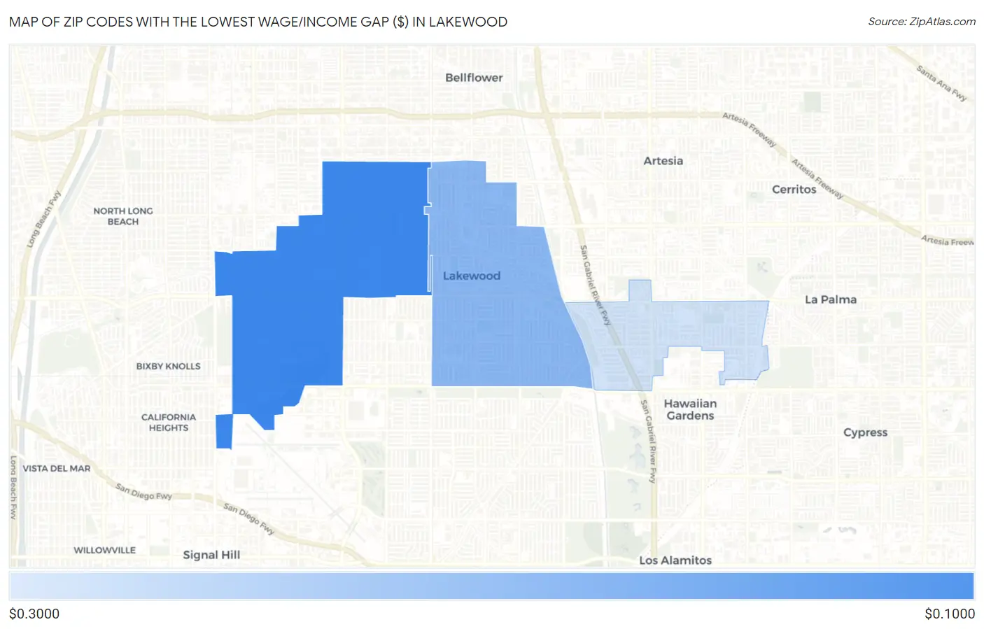 Zip Codes with the Lowest Wage/Income Gap ($) in Lakewood Map