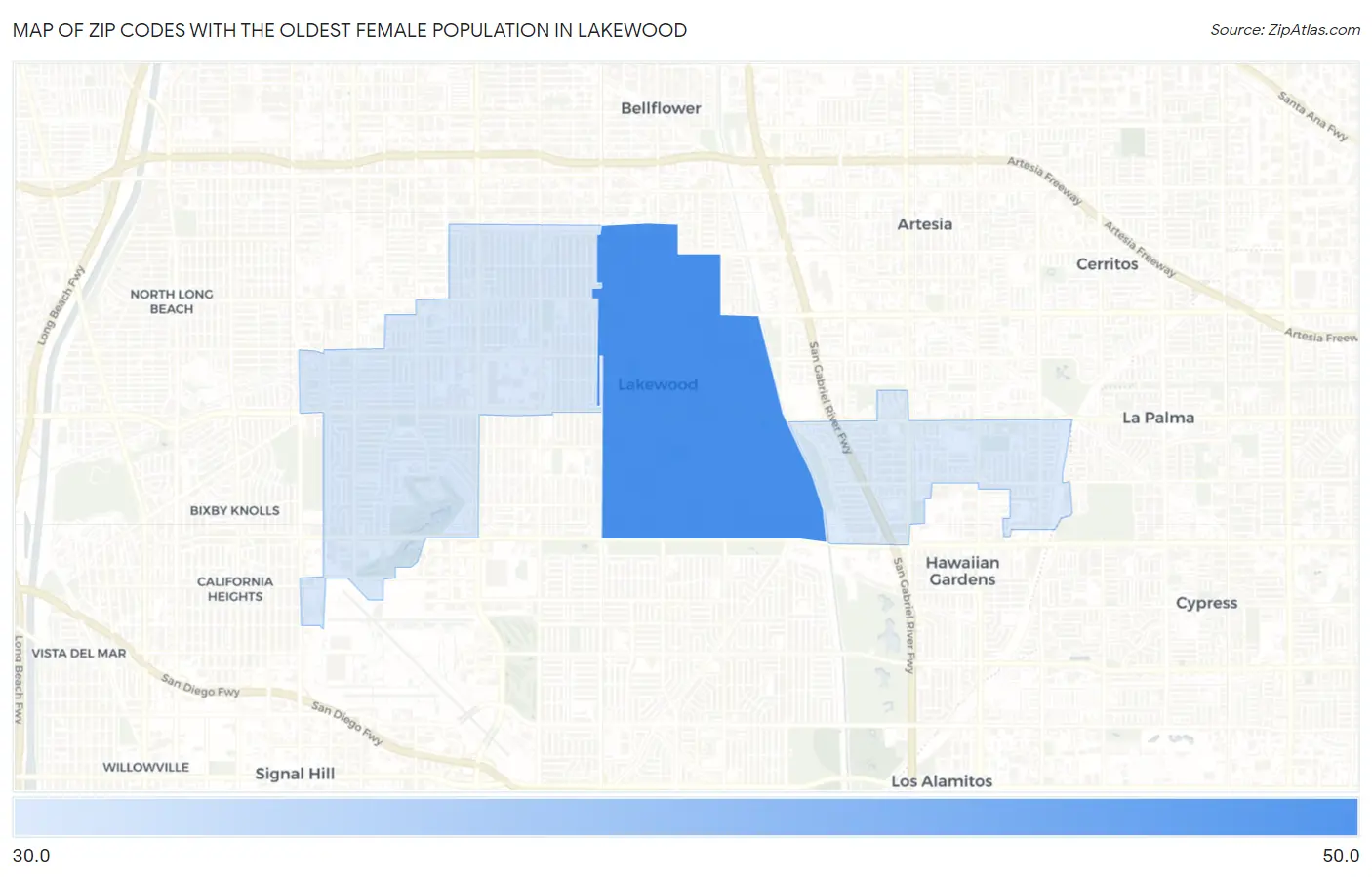 Zip Codes with the Oldest Female Population in Lakewood Map