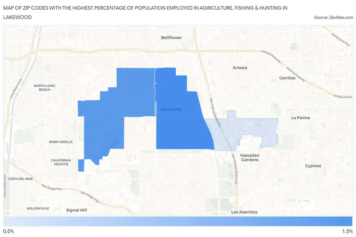 Zip Codes with the Highest Percentage of Population Employed in Agriculture, Fishing & Hunting in Lakewood Map