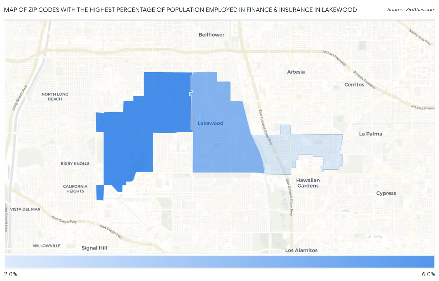 Zip Codes with the Highest Percentage of Population Employed in Finance & Insurance in Lakewood Map