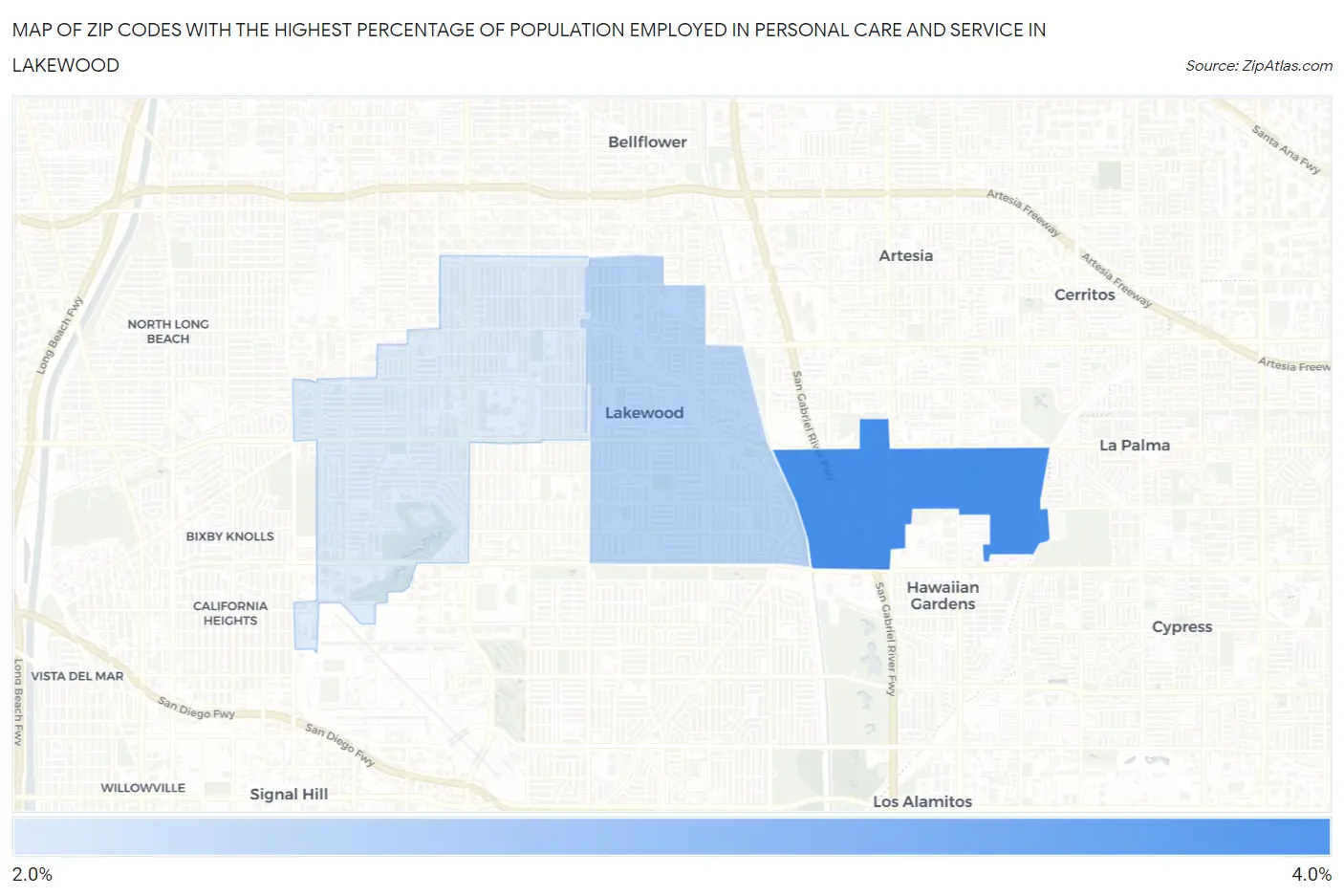 Zip Codes with the Highest Percentage of Population Employed in Personal Care and Service in Lakewood Map