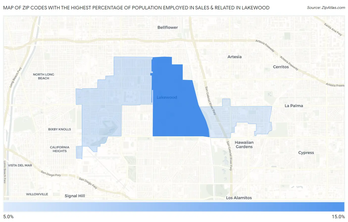 Zip Codes with the Highest Percentage of Population Employed in Sales & Related in Lakewood Map