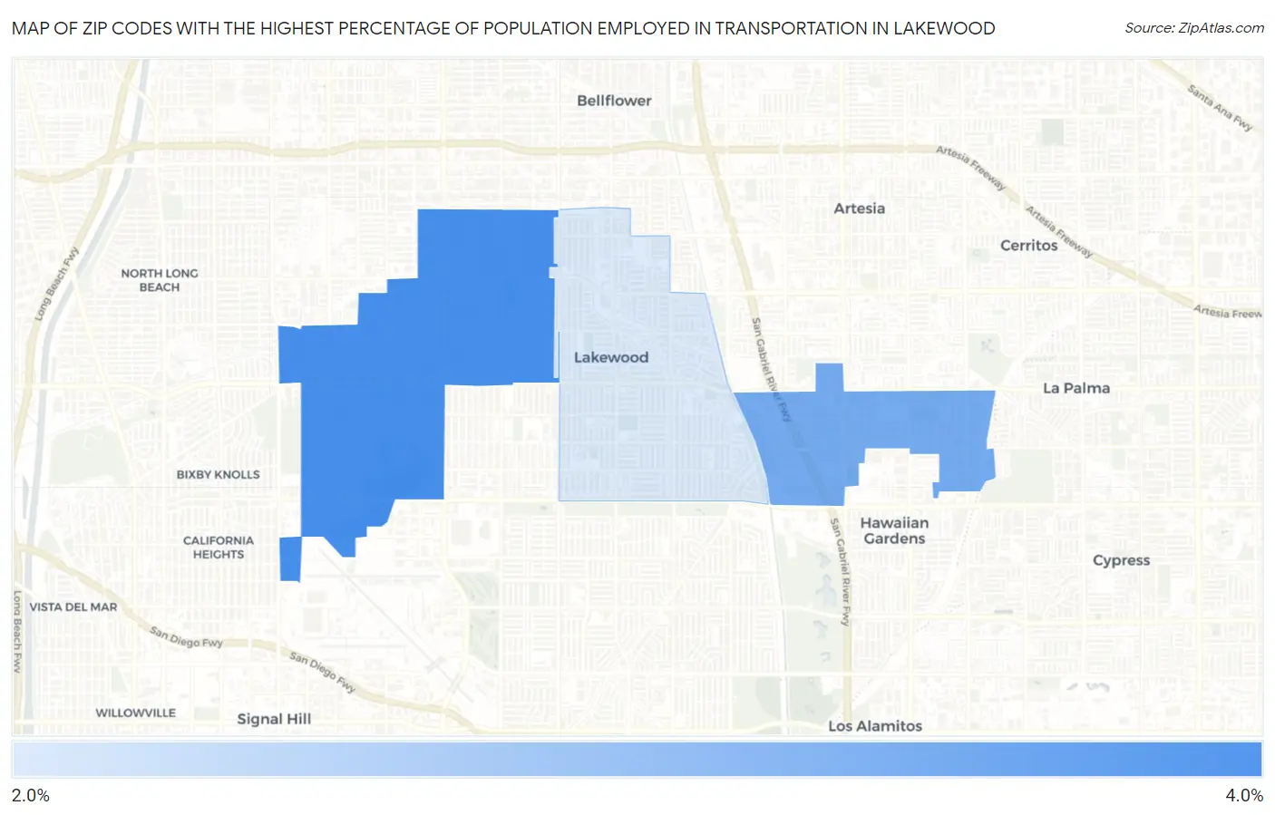 Zip Codes with the Highest Percentage of Population Employed in Transportation in Lakewood Map