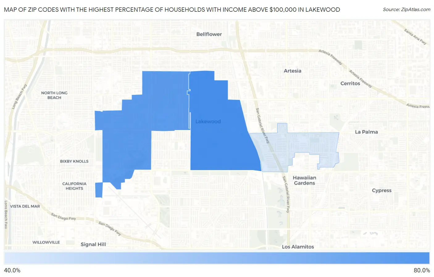 Zip Codes with the Highest Percentage of Households with Income Above $100,000 in Lakewood Map