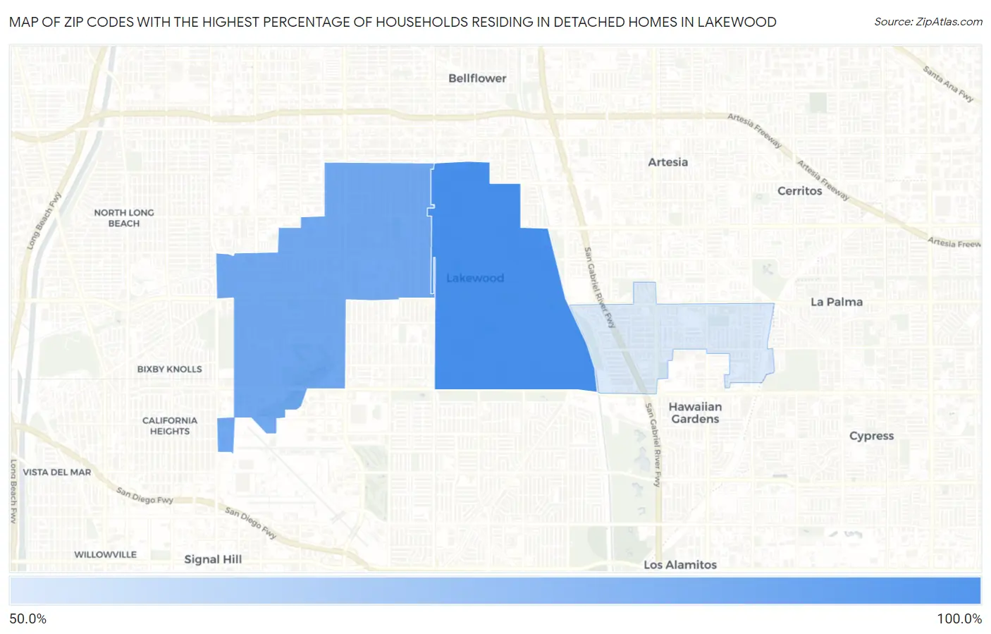 Zip Codes with the Highest Percentage of Households Residing in Detached Homes in Lakewood Map