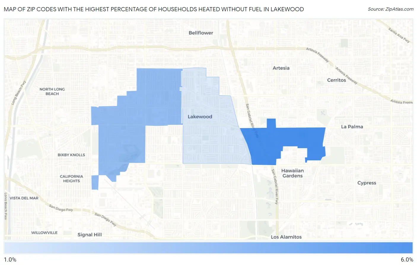 Zip Codes with the Highest Percentage of Households Heated without Fuel in Lakewood Map