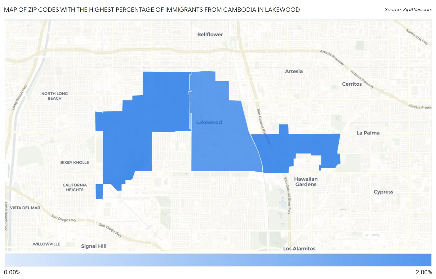 Zip Codes with the Highest Percentage of Immigrants from Cambodia in Lakewood Map