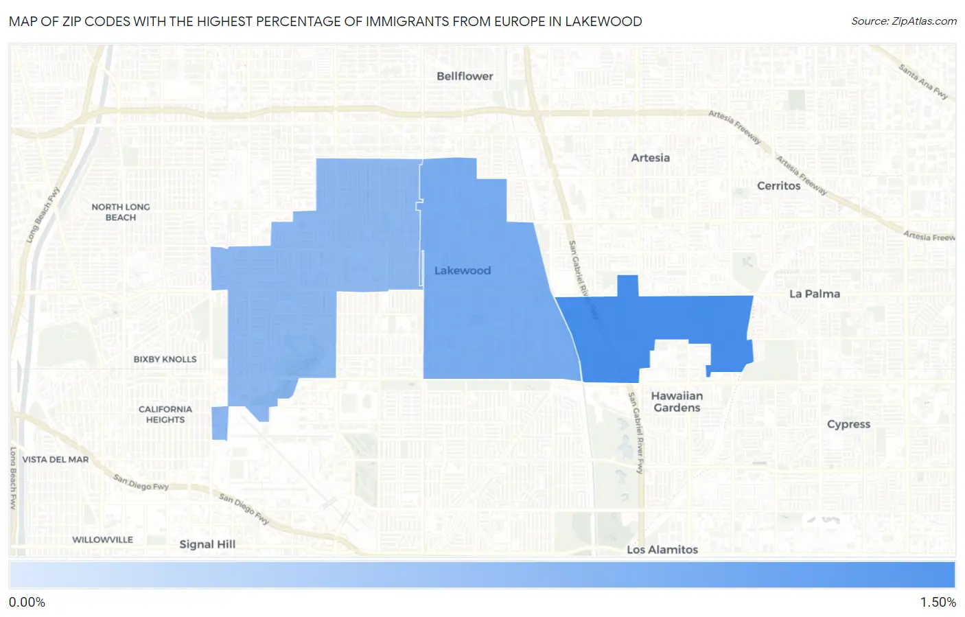 Zip Codes with the Highest Percentage of Immigrants from Europe in Lakewood Map