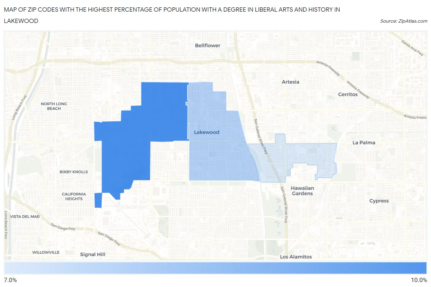 Zip Codes with the Highest Percentage of Population with a Degree in Liberal Arts and History in Lakewood Map