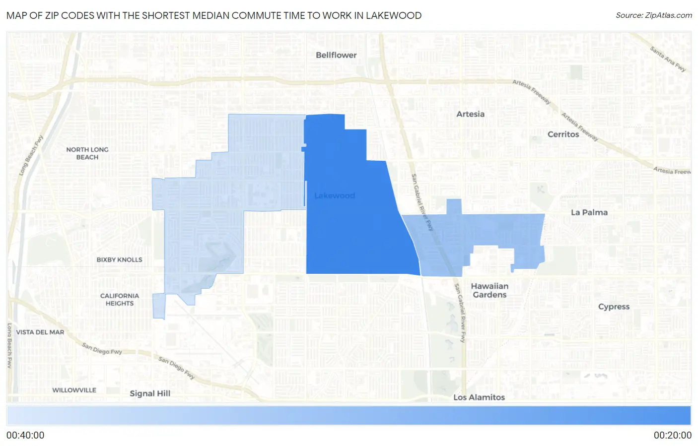 Zip Codes with the Shortest Median Commute Time to Work in Lakewood Map