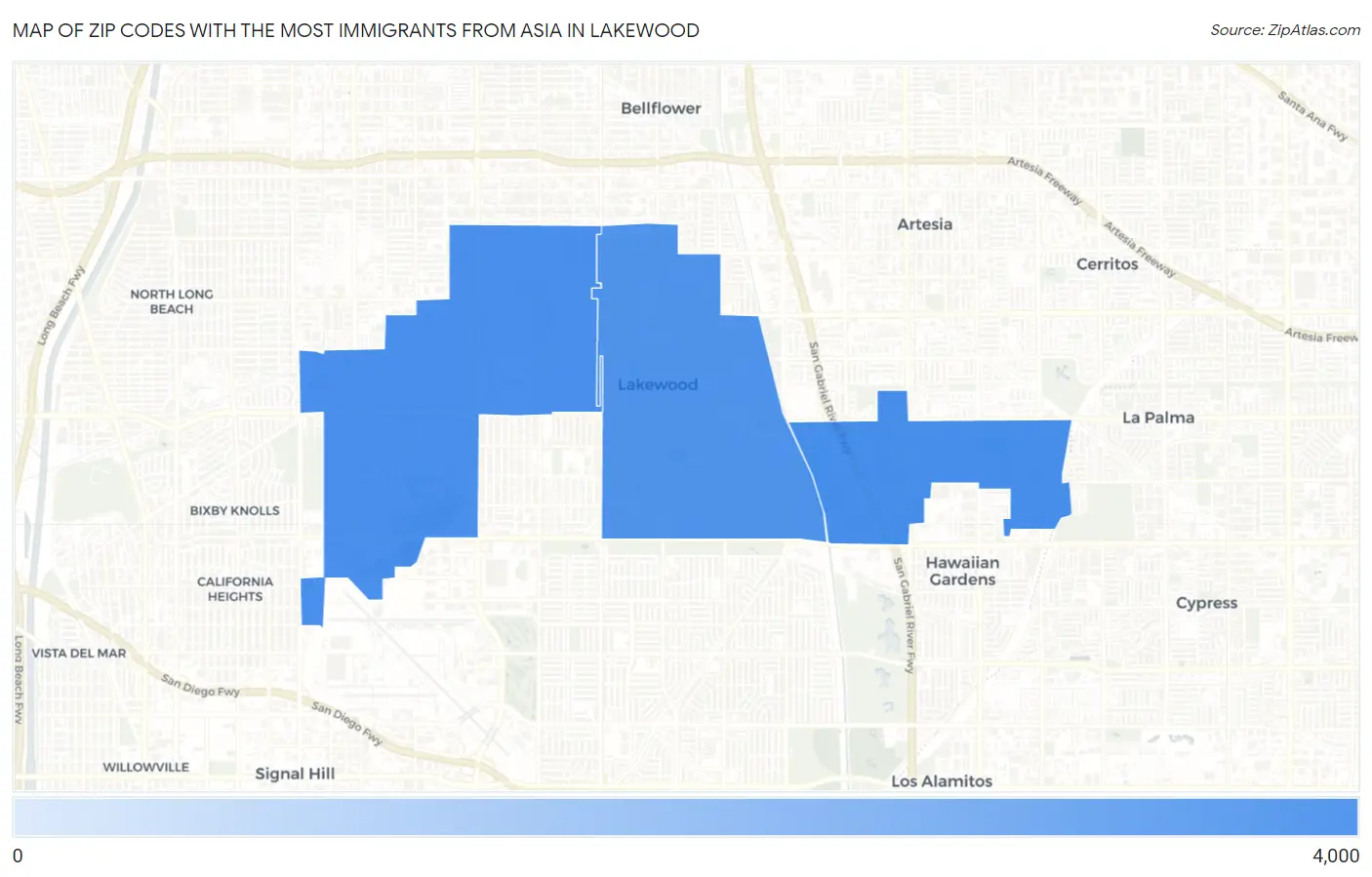 Zip Codes with the Most Immigrants from Asia in Lakewood Map