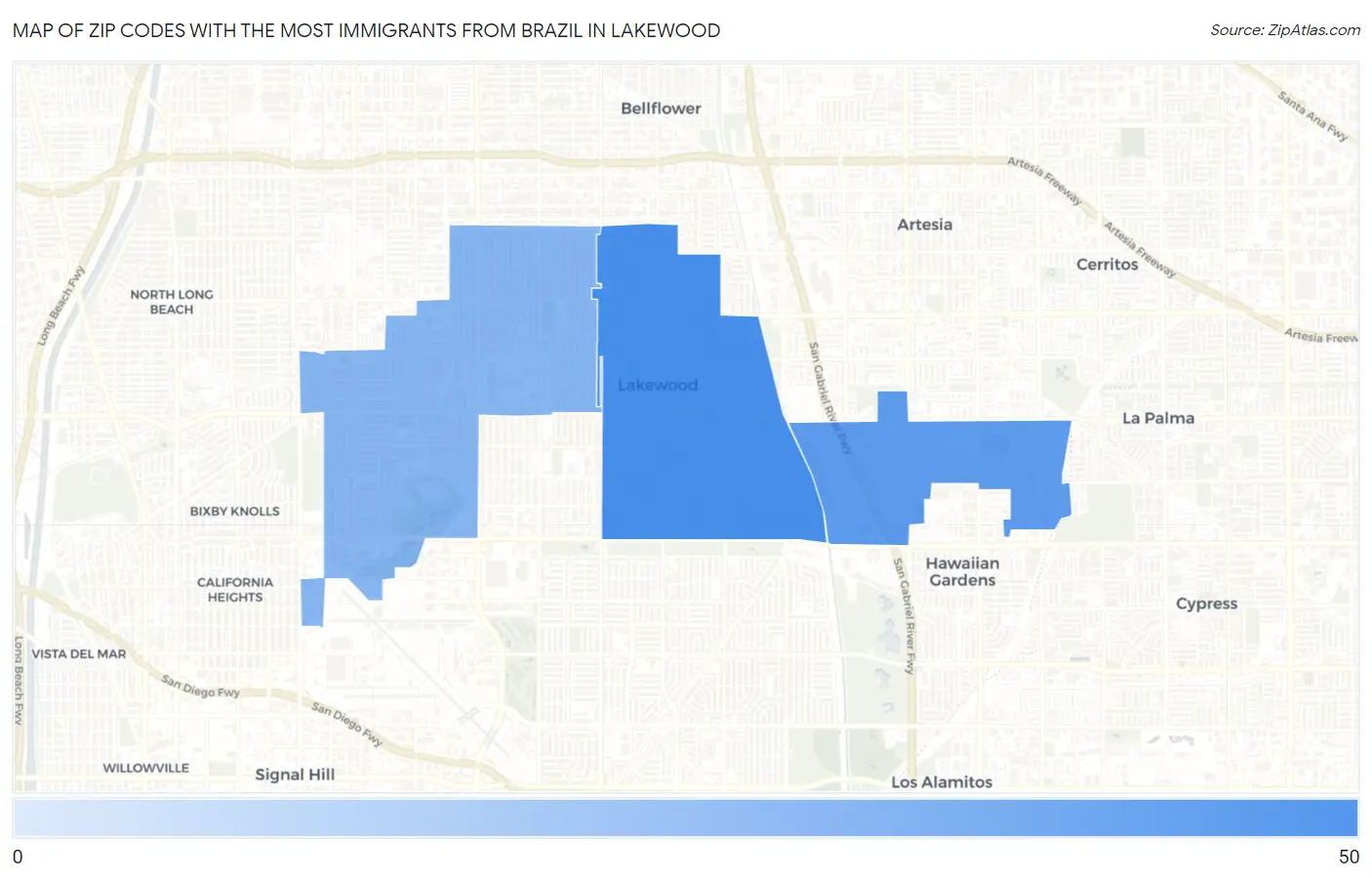 Zip Codes with the Most Immigrants from Brazil in Lakewood Map