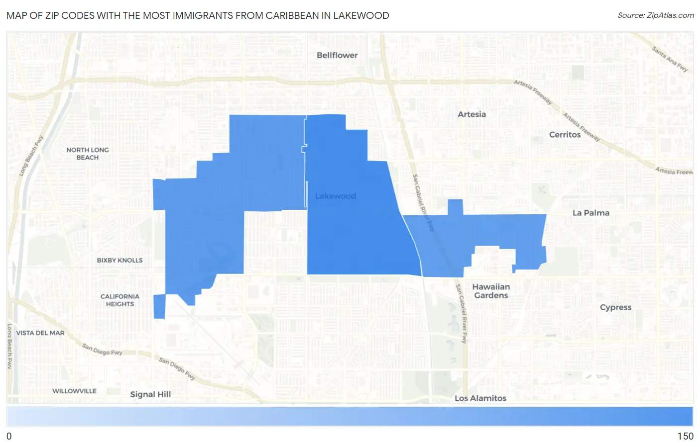 Zip Codes with the Most Immigrants from Caribbean in Lakewood Map