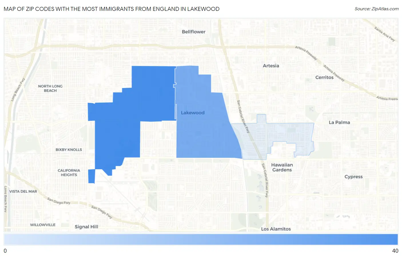 Zip Codes with the Most Immigrants from England in Lakewood Map