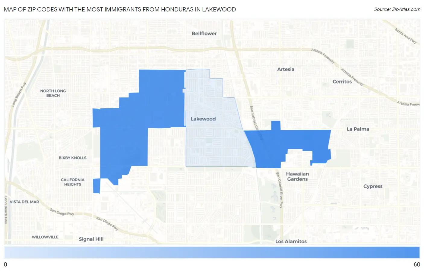 Zip Codes with the Most Immigrants from Honduras in Lakewood Map