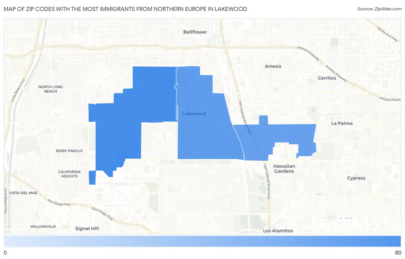 Zip Codes with the Most Immigrants from Northern Europe in Lakewood Map