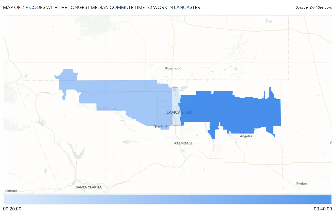 Zip Codes with the Longest Median Commute Time to Work in Lancaster Map