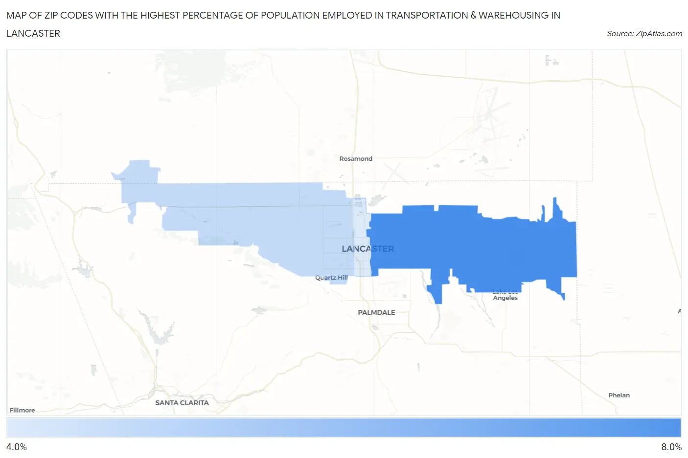 Zip Codes with the Highest Percentage of Population Employed in Transportation & Warehousing in Lancaster Map