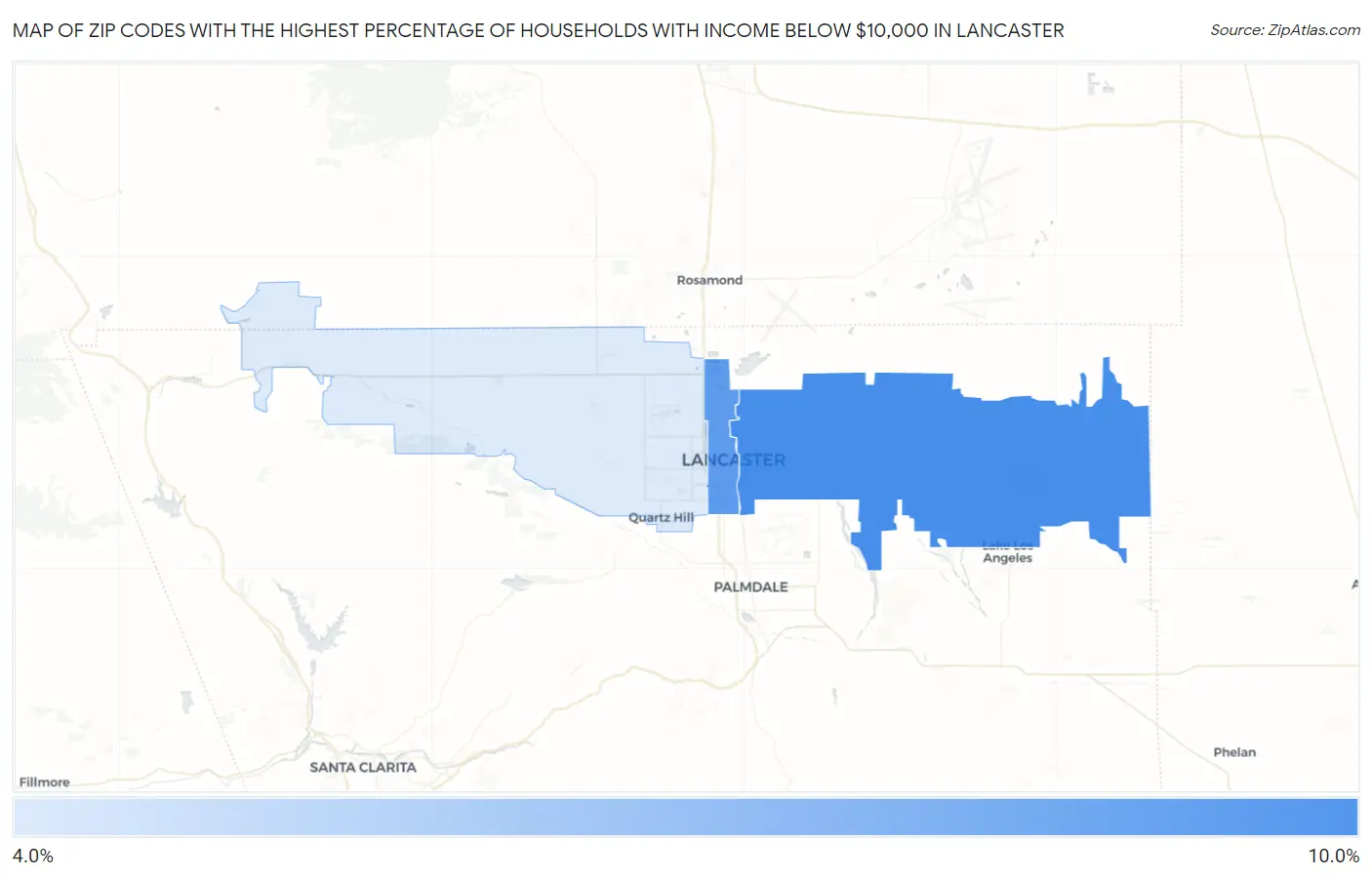 Zip Codes with the Highest Percentage of Households with Income Below $10,000 in Lancaster Map