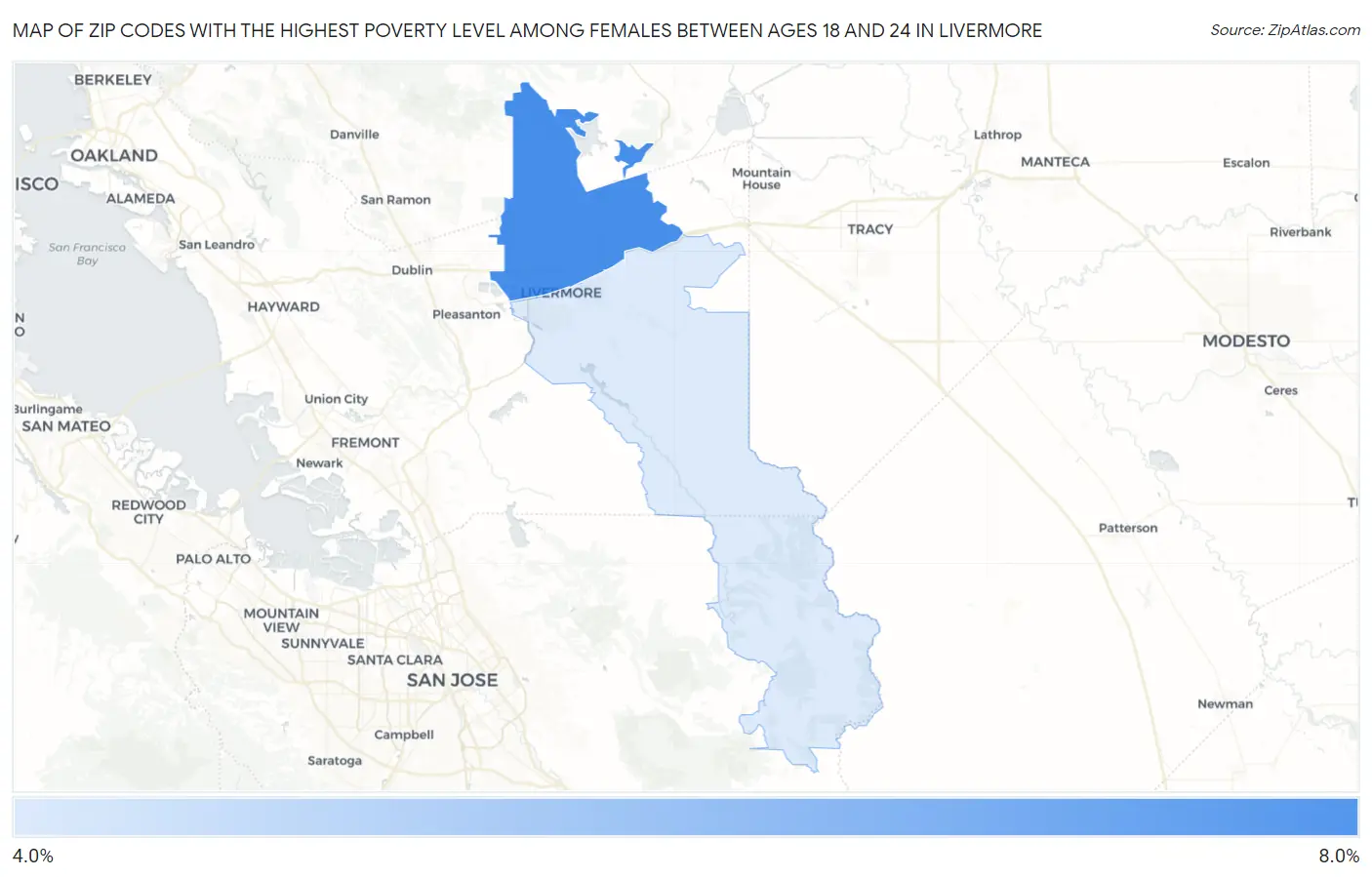 Zip Codes with the Highest Poverty Level Among Females Between Ages 18 and 24 in Livermore Map