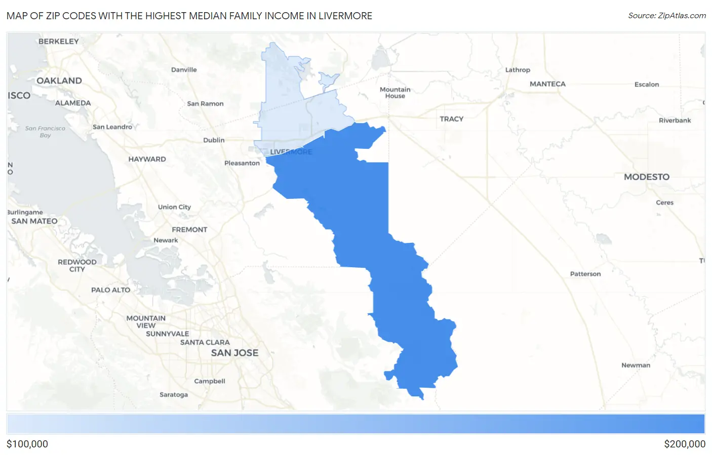 Zip Codes with the Highest Median Family Income in Livermore Map