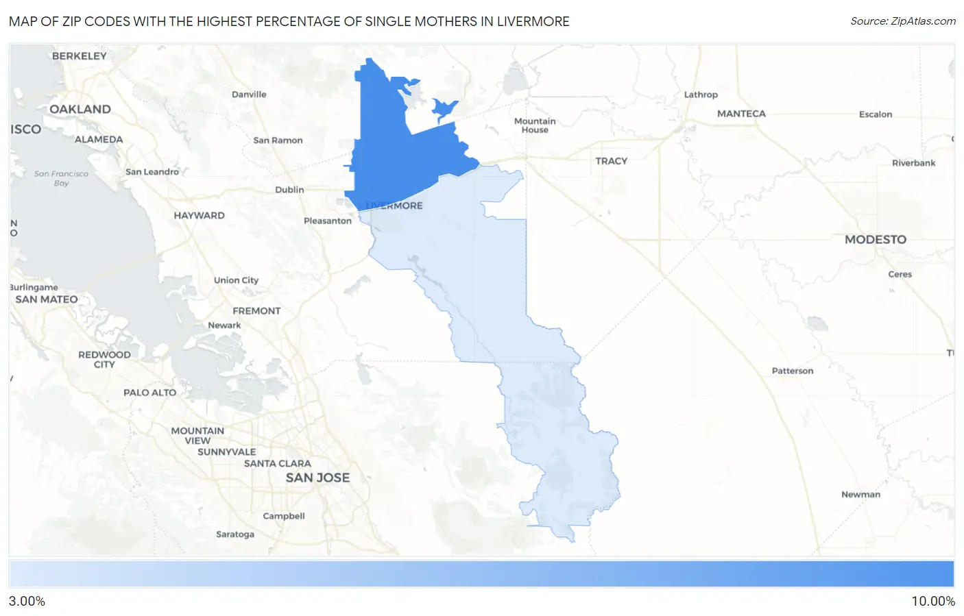 Zip Codes with the Highest Percentage of Single Mothers in Livermore Map
