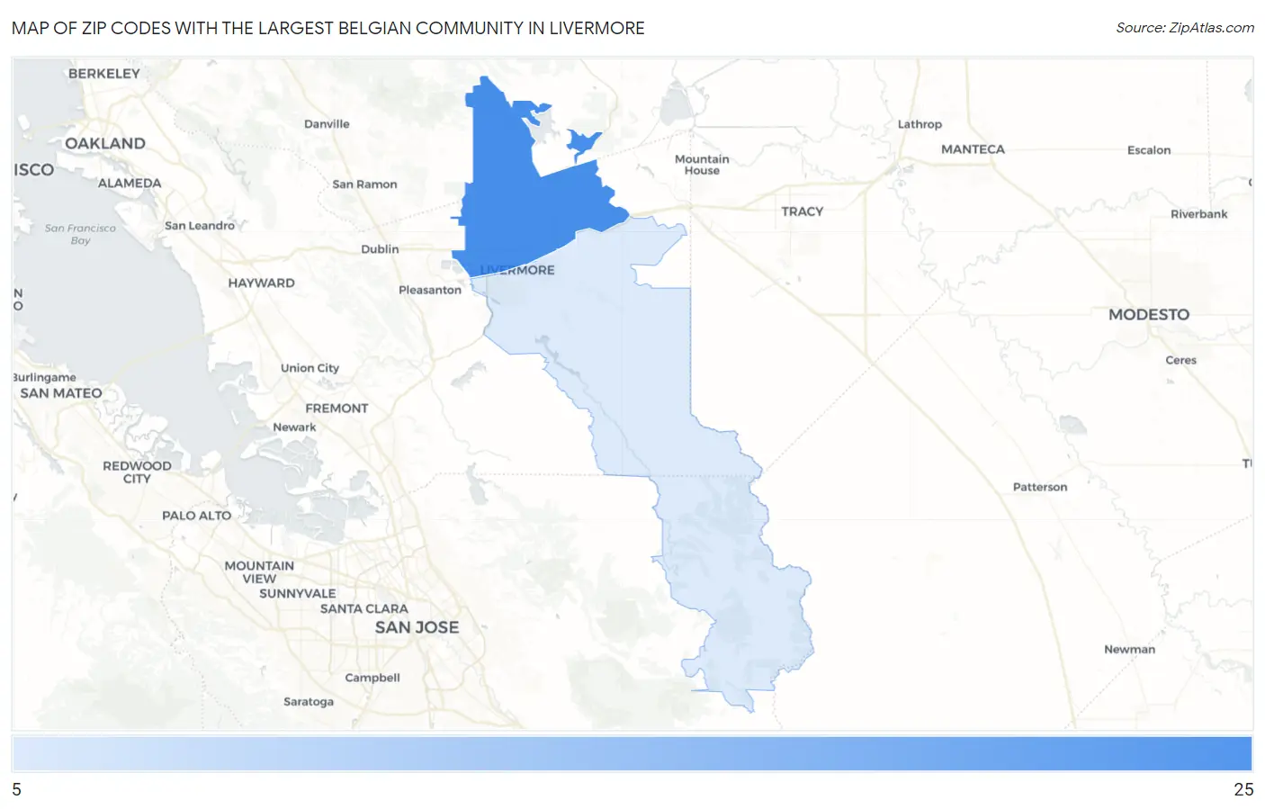 Zip Codes with the Largest Belgian Community in Livermore Map