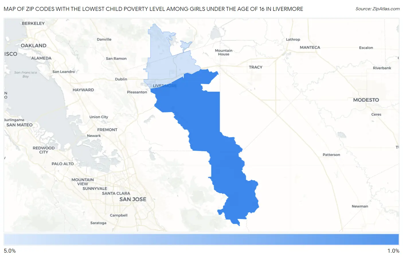 Zip Codes with the Lowest Child Poverty Level Among Girls Under the Age of 16 in Livermore Map