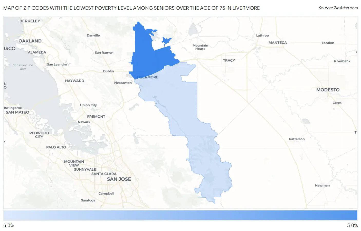 Zip Codes with the Lowest Poverty Level Among Seniors Over the Age of 75 in Livermore Map