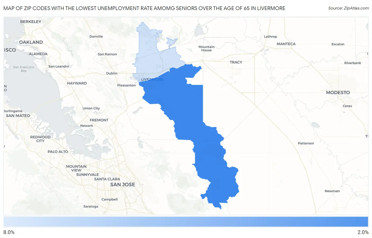 Zip Codes with the Lowest Unemployment Rate Amomg Seniors Over the Age of 65 in Livermore Map