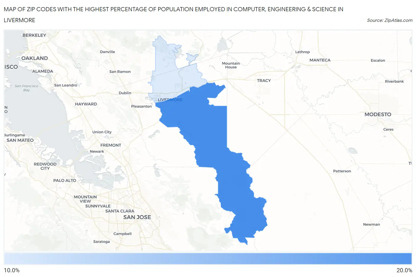 Zip Codes with the Highest Percentage of Population Employed in Computer, Engineering & Science in Livermore Map