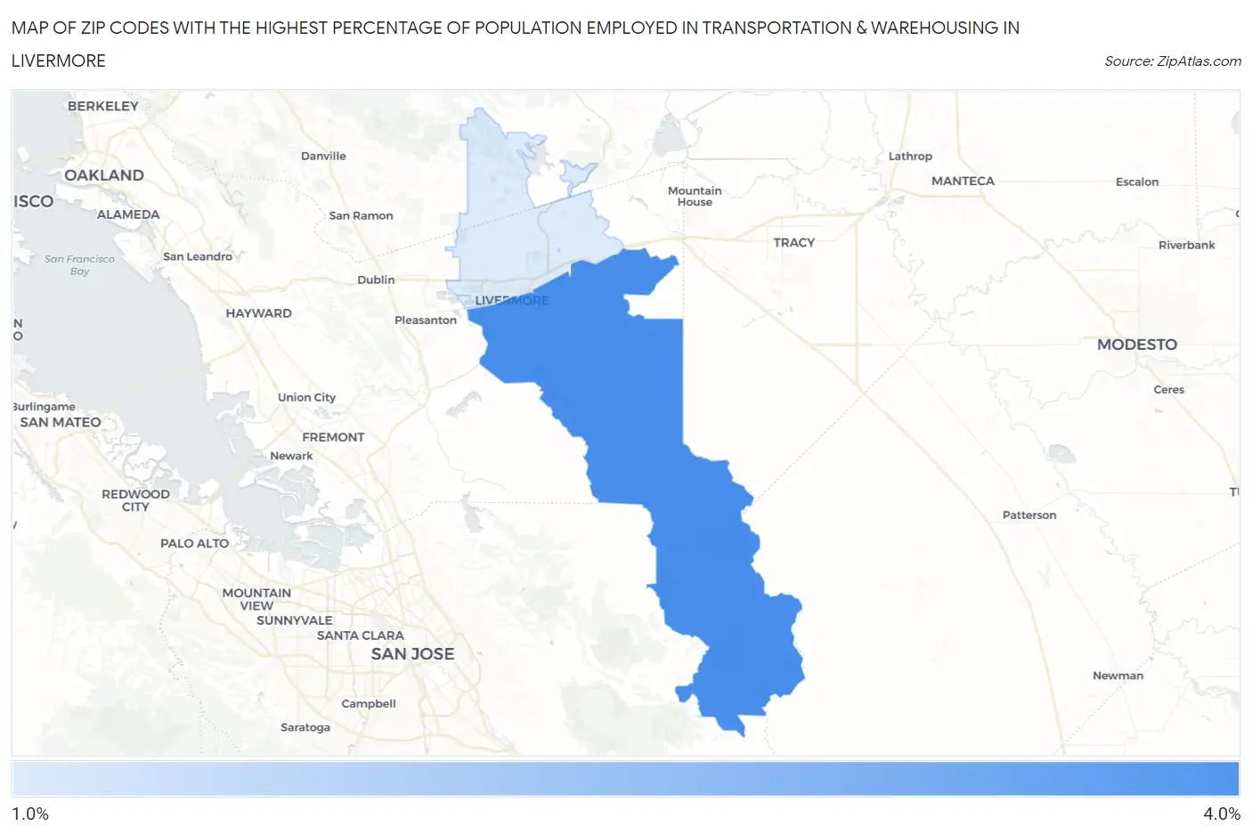 Zip Codes with the Highest Percentage of Population Employed in Transportation & Warehousing in Livermore Map