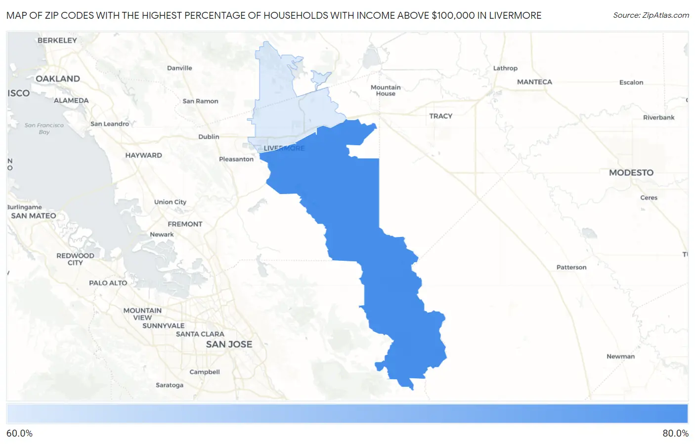 Zip Codes with the Highest Percentage of Households with Income Above $100,000 in Livermore Map