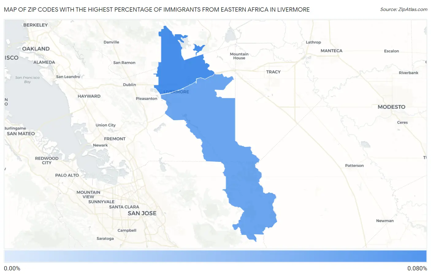 Zip Codes with the Highest Percentage of Immigrants from Eastern Africa in Livermore Map