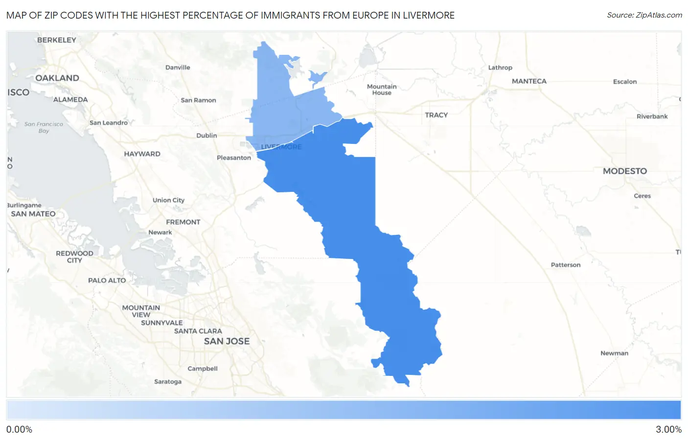Zip Codes with the Highest Percentage of Immigrants from Europe in Livermore Map