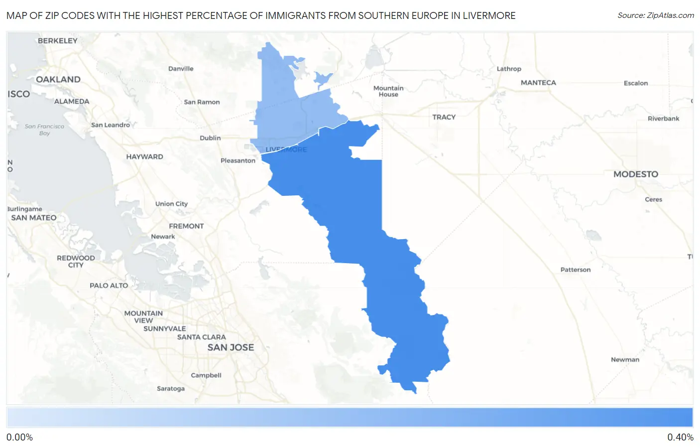 Zip Codes with the Highest Percentage of Immigrants from Southern Europe in Livermore Map
