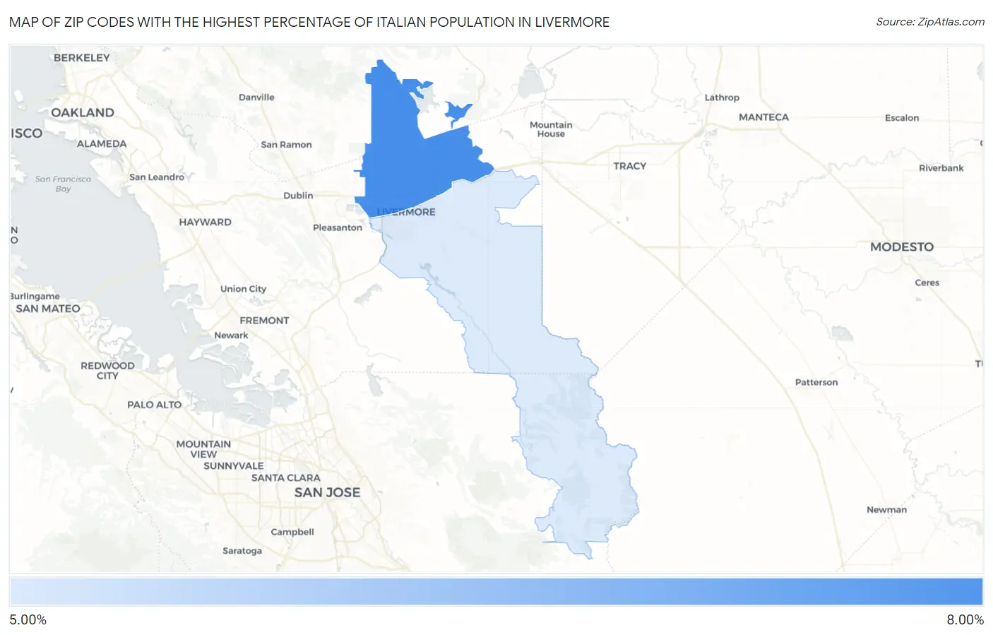 Zip Codes with the Highest Percentage of Italian Population in Livermore Map