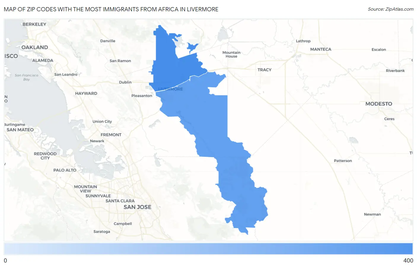 Zip Codes with the Most Immigrants from Africa in Livermore Map