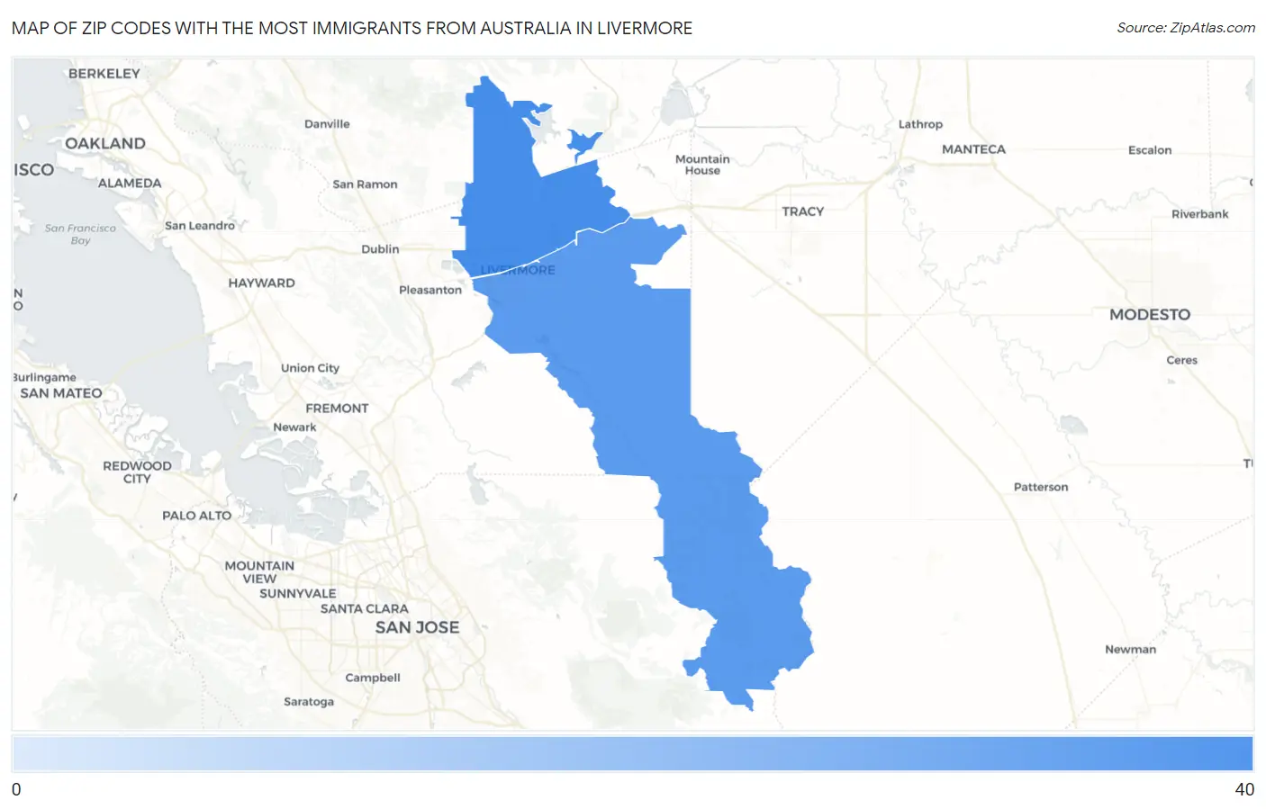 Zip Codes with the Most Immigrants from Australia in Livermore Map