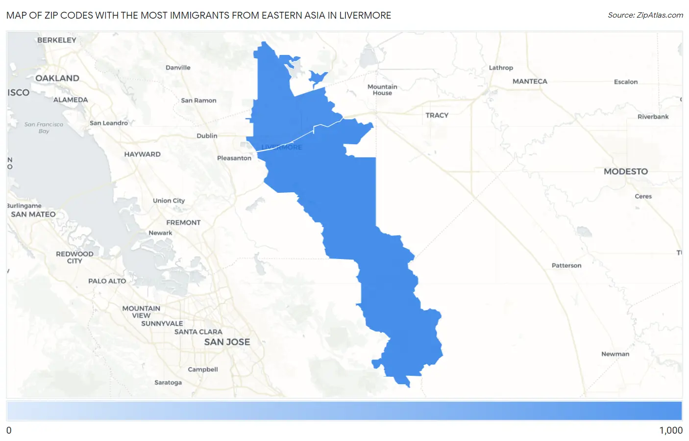 Zip Codes with the Most Immigrants from Eastern Asia in Livermore Map