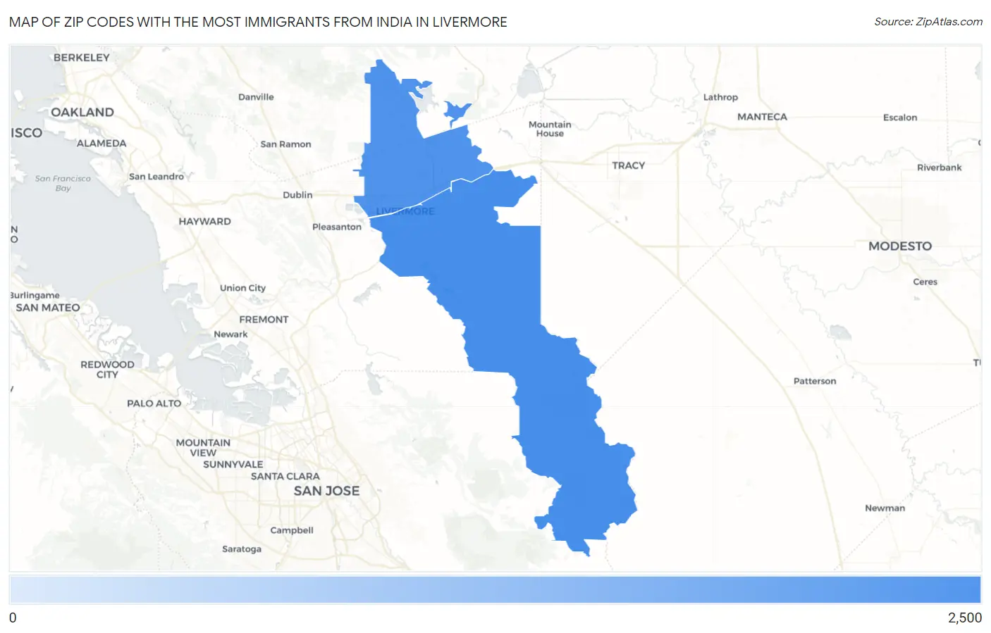 Zip Codes with the Most Immigrants from India in Livermore Map