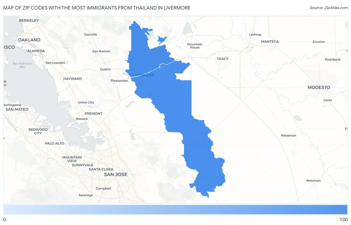 Zip Codes with the Most Immigrants from Thailand in Livermore Map