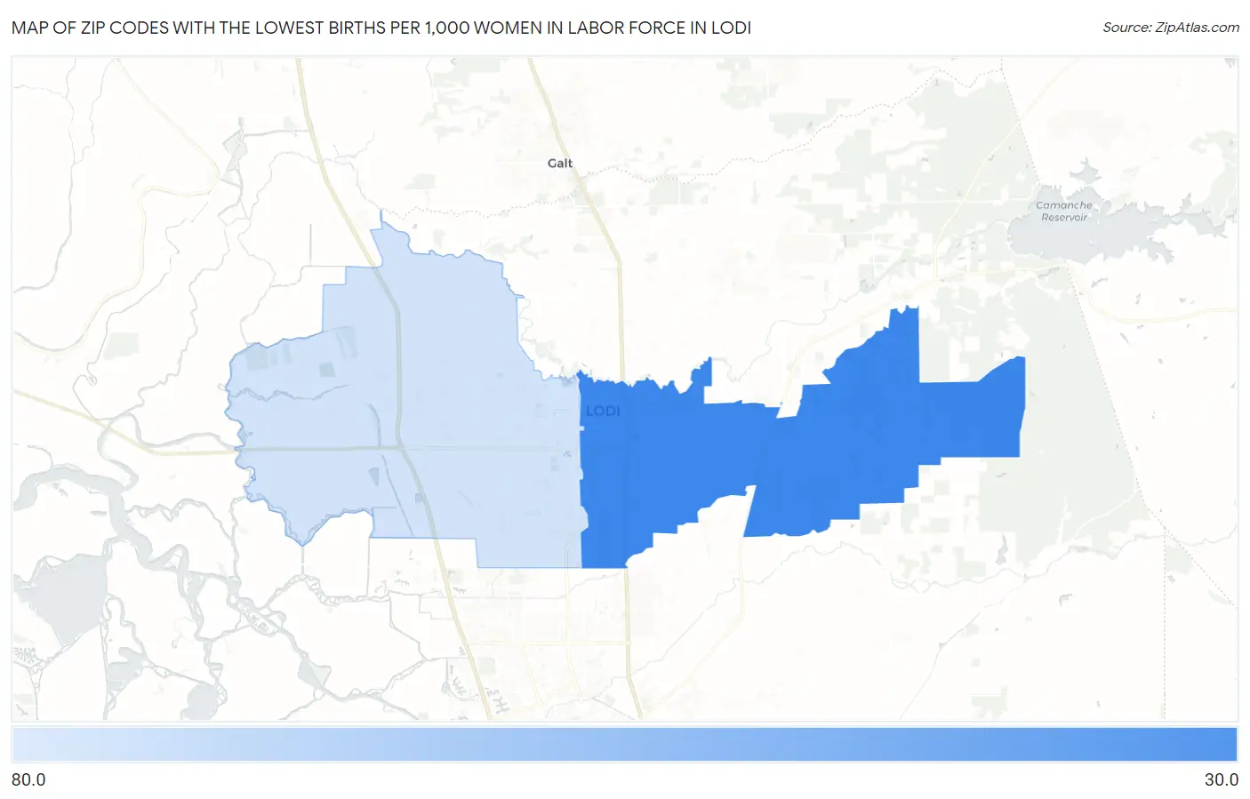 Zip Codes with the Lowest Births per 1,000 Women in Labor Force in Lodi Map