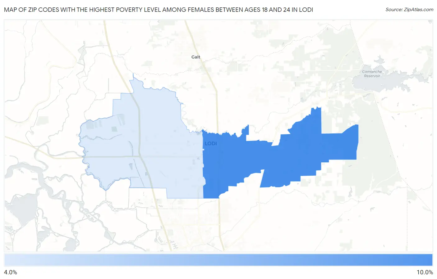 Zip Codes with the Highest Poverty Level Among Females Between Ages 18 and 24 in Lodi Map
