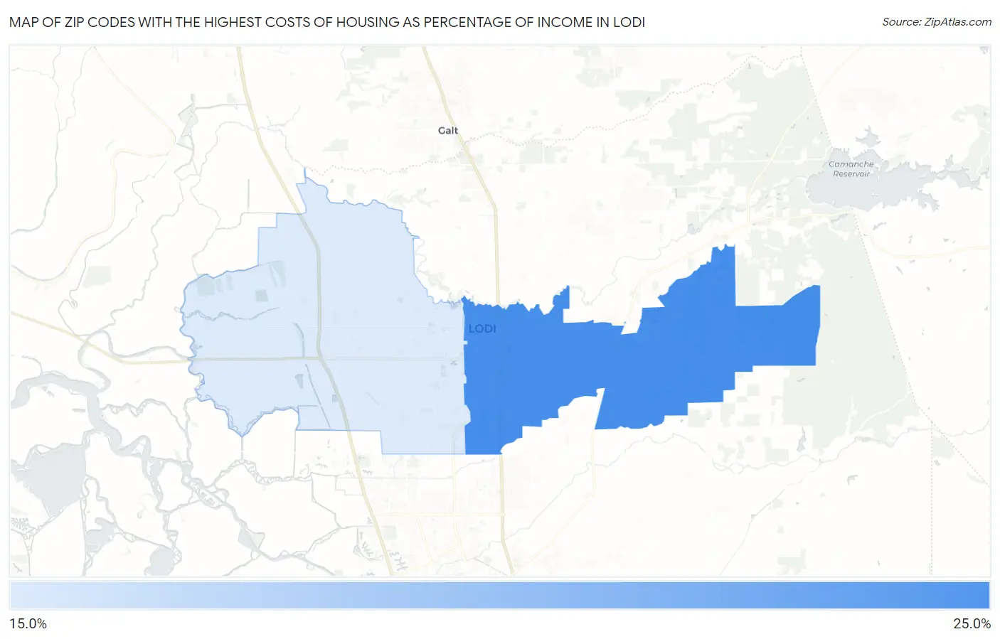Zip Codes with the Highest Costs of Housing as Percentage of Income in Lodi Map