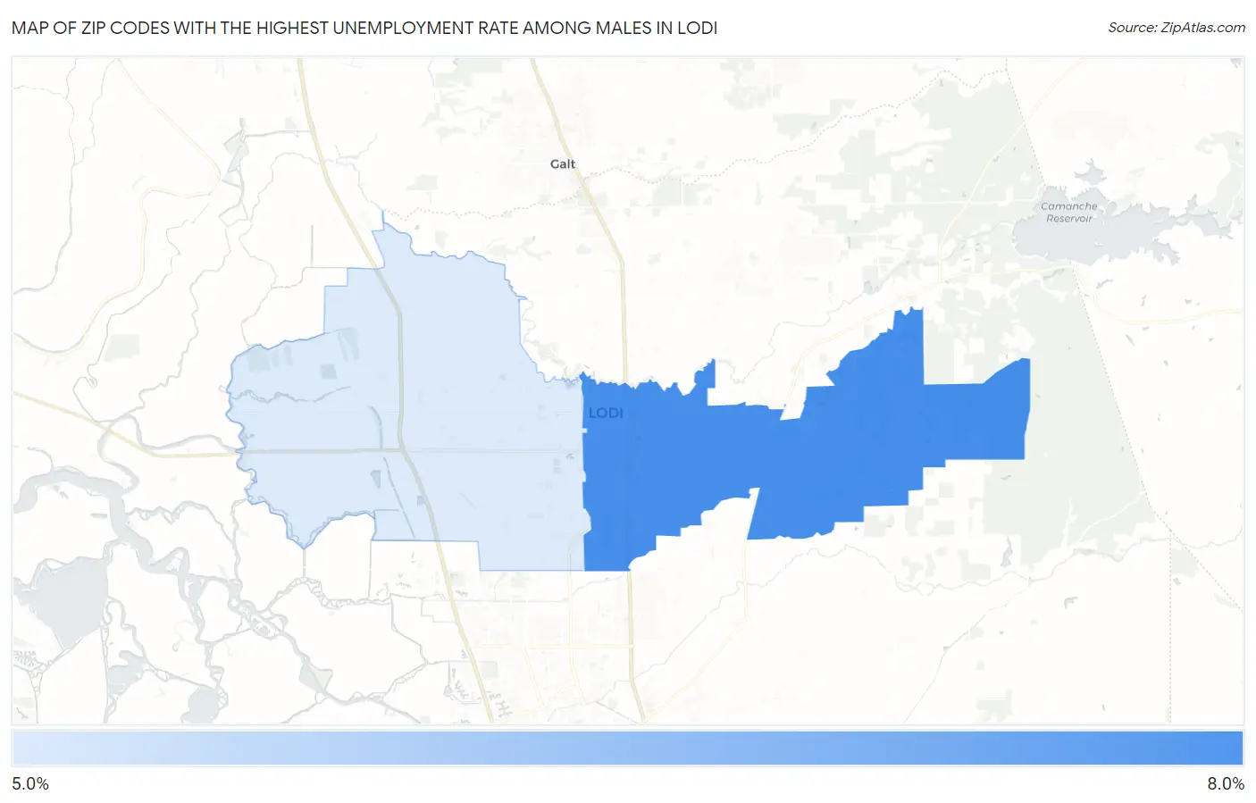 Zip Codes with the Highest Unemployment Rate Among Males in Lodi Map